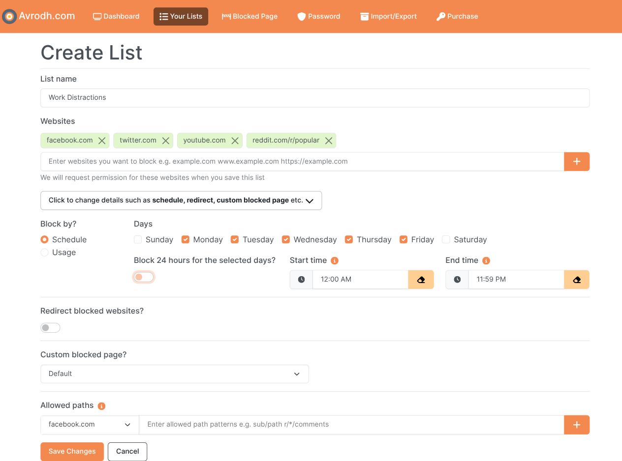 an interface for creating website block list with schedule and other settings